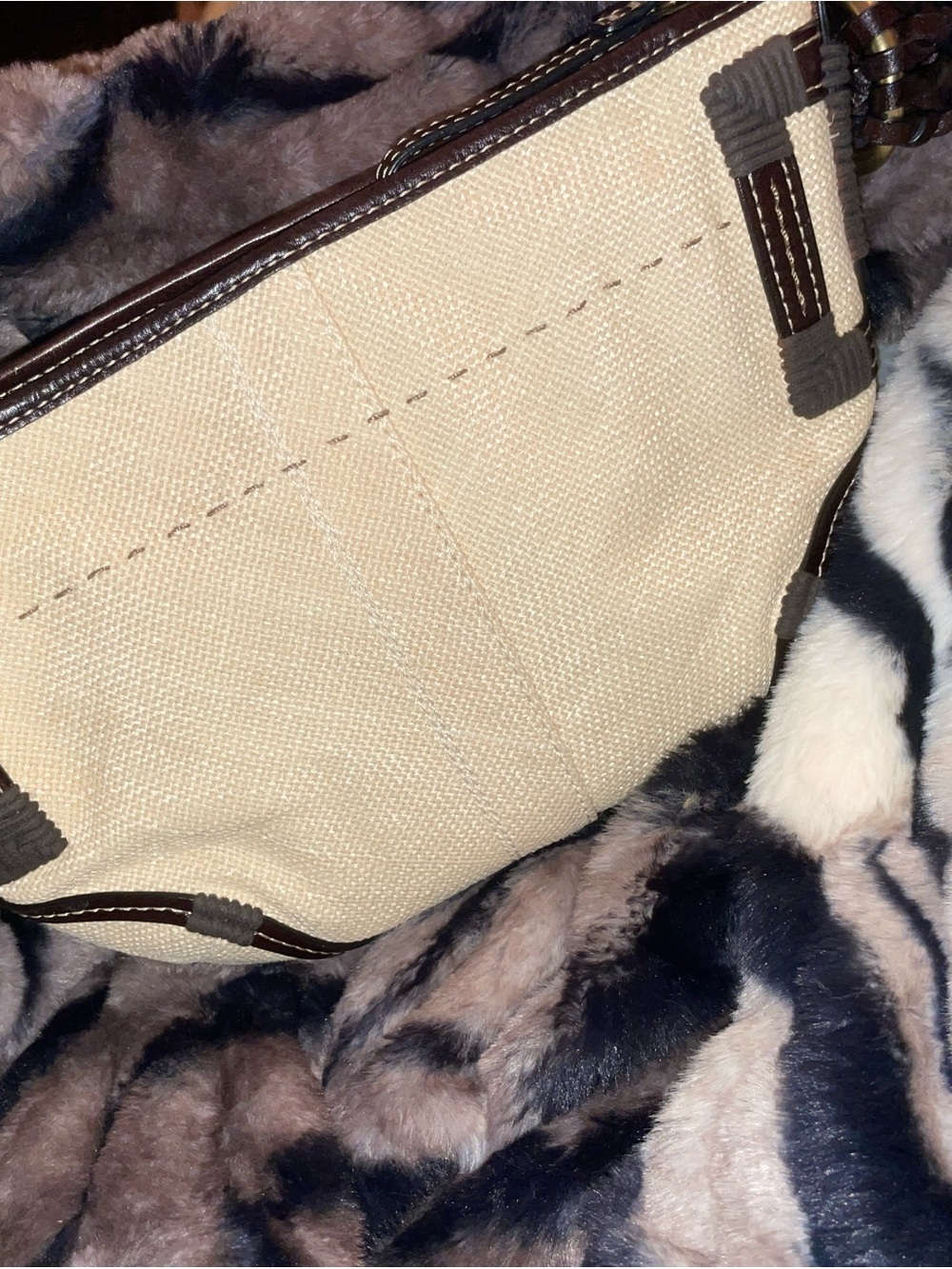 Coach Beige Canvas Shoulder Bag with Dark Brown Trim